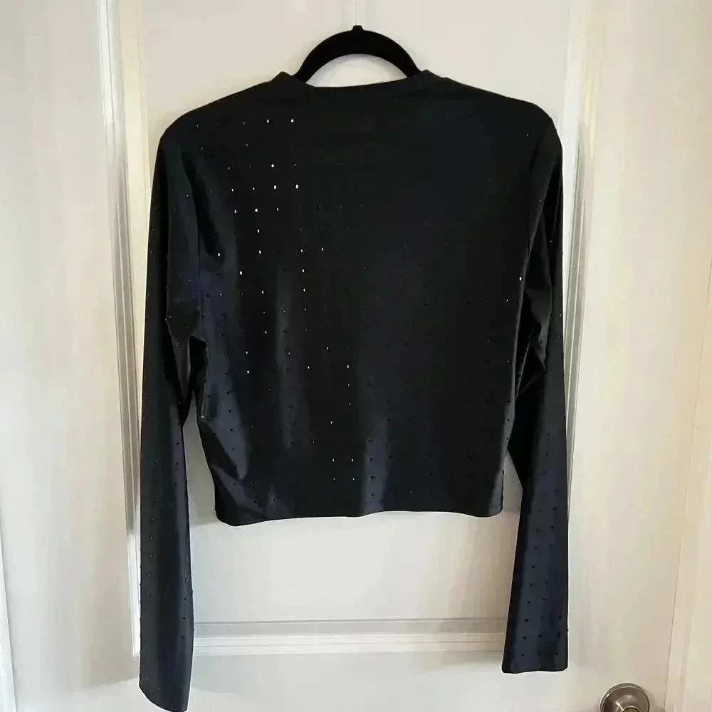 FRAME Women's Cropped Long Sleeve Rhinestone Top Size Small Color Black - Picture 7 of 8